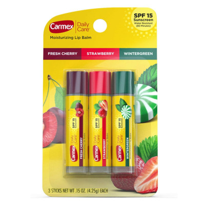 Carmex бальзам для губ Набор из 3 вкусов (Вишня, Клубника, Зимний чай) SPF 15 Стик